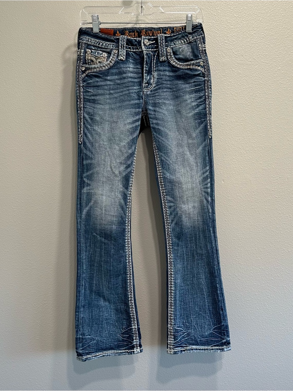 Rock Revival Women's Distressed Blue Bootcut Jeans,kelcie,mid-rise,size 25-26”